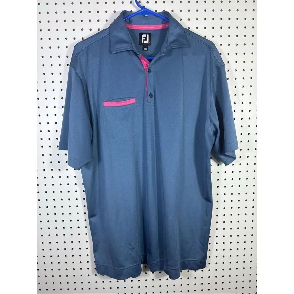 FootJoy Golf Polo Mens Space Blue Pink Trim Short Sleeve Single Pocket Shirt siz